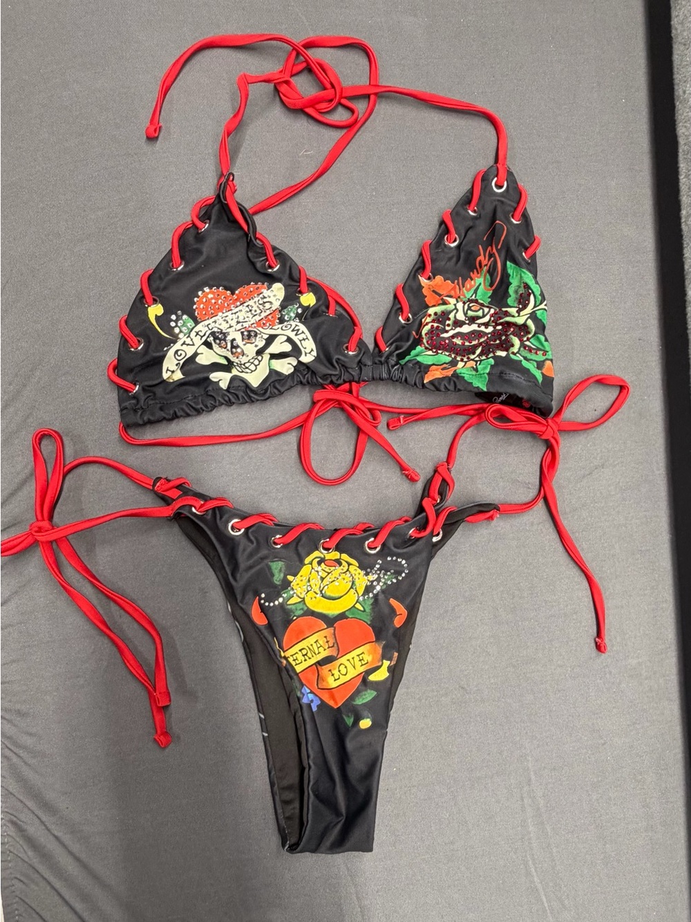 Ed Hardy Bikini 2pc Set Black Red Laces Eternal Love Kills XL top M bottom